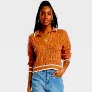 Women's Collared Polo Pullover Sweater - Universal Thread Rust large vneck